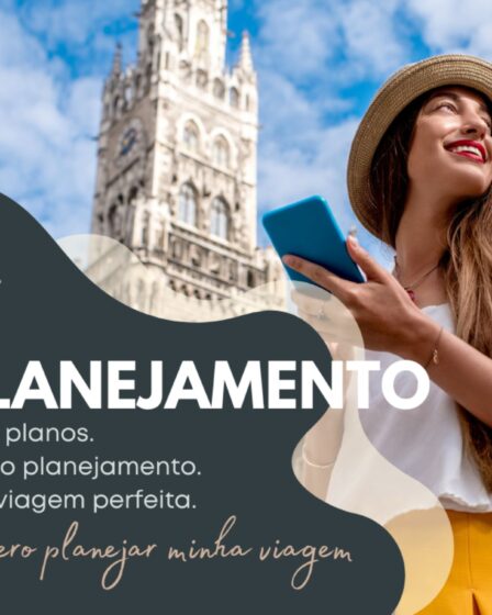 Checklist de planejamento de viagem internacional com passaporte, malas e apólice de seguro